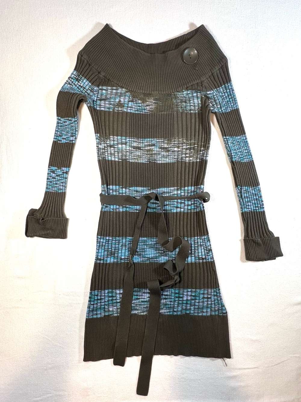 Olive and Blue Striped Ribbed Sweater Dress, Y2K, 90’s, Ribbed